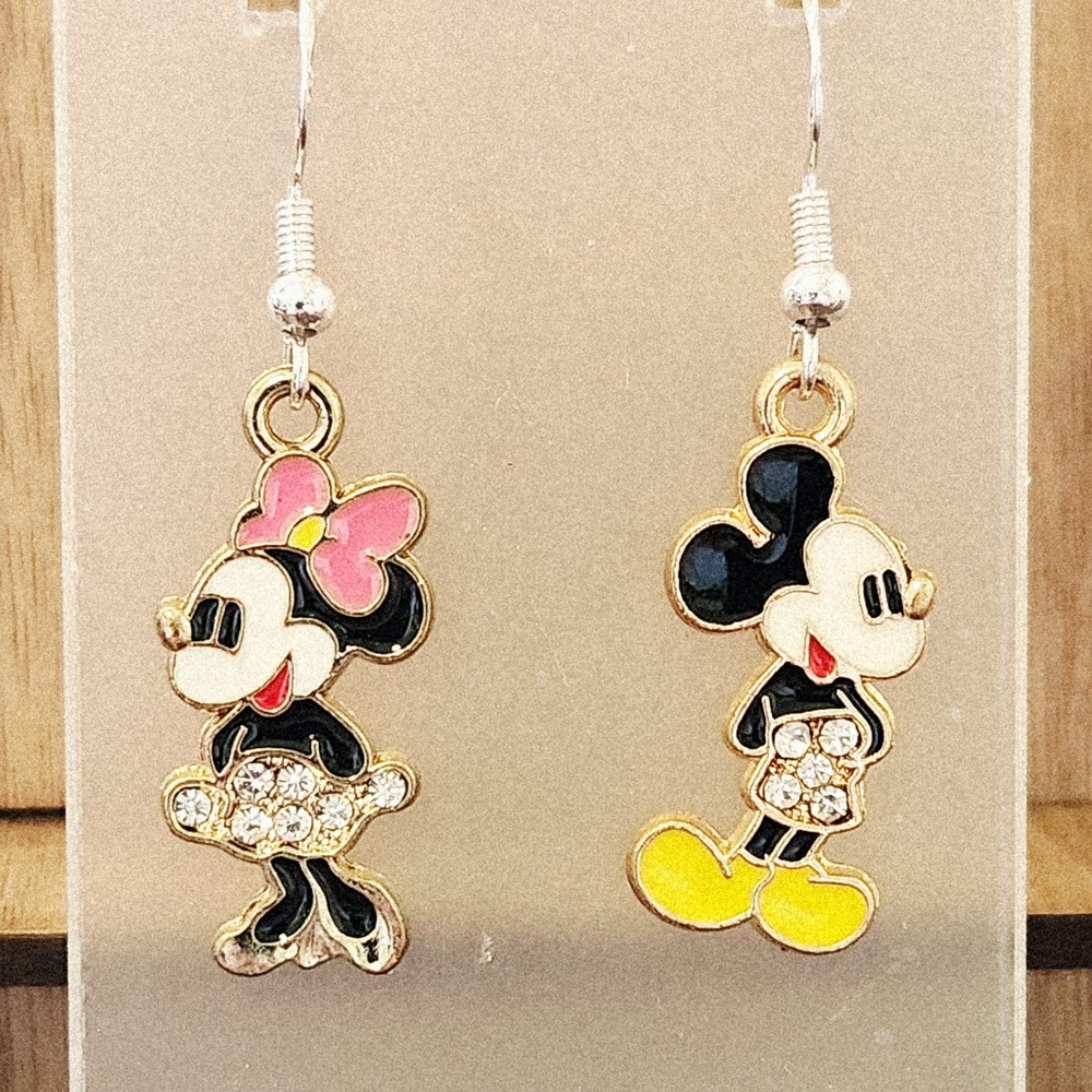 Mickey and Minnie Mouse Enamel‎ Rhinestone Gold Tone Dangle Earrings 1.75"